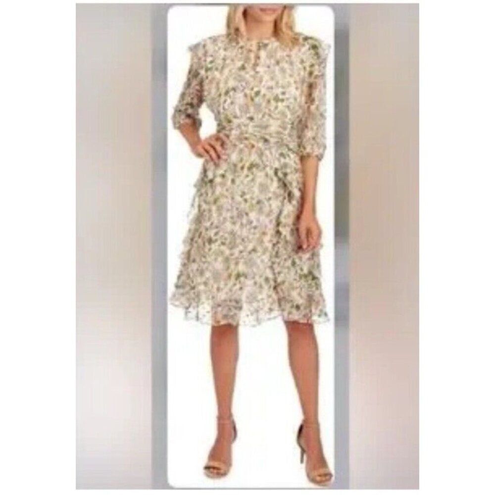Walter Baker Dress 12 Flowy A Line V Neck Ruffled Flutter Romantic Floral NEW